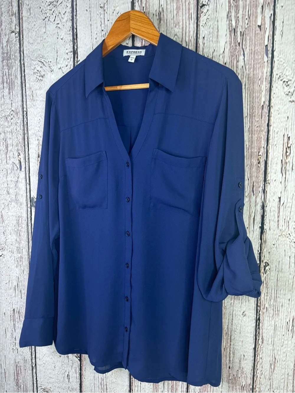 Express Portofino Shirt Size Large Navy Blue Button Down Roll Tab Sleeves Blouse